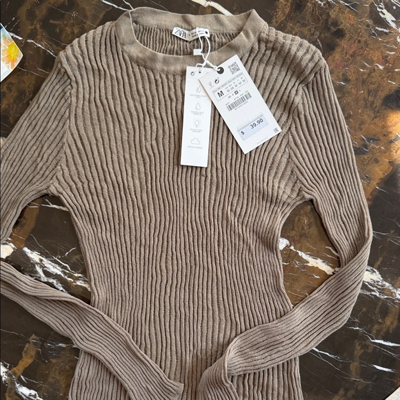 Zara Tops - Zara Taupe Ribbed Knit Sweater